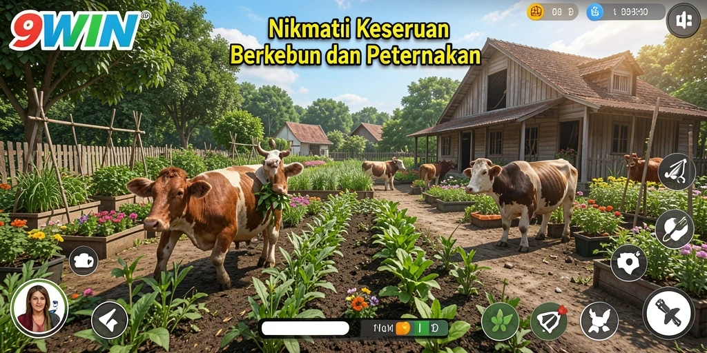 Tangkapan layar gameplay 9WIN menunjukkan kebun yang subur dan hewan yang sehat.