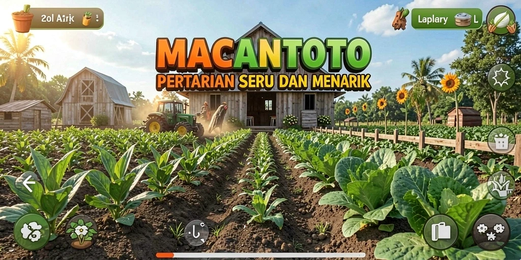 Screenshot gameplay <strong>MACANTOTO</strong> menunjukkan kebun yang subur dan berbagai tanaman yang sedang tumbuh.