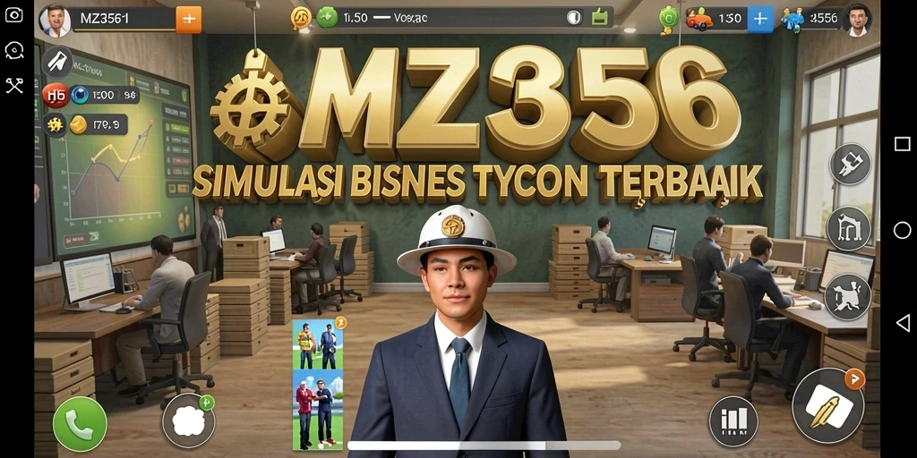 Tampilan gameplay MZ356 dengan berbagai unsur simulasi bisnis.