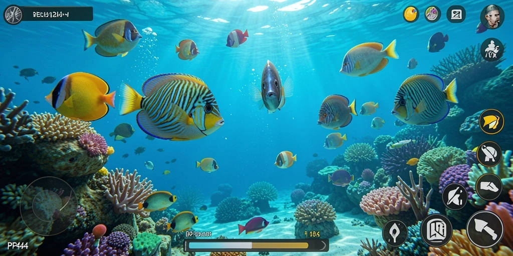 Screenshot gameplay PP444 menampilkan aksi menembak ikan yang seru.