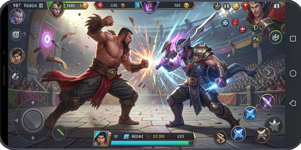 Gameplay V87 menampilkan pertarungan seru dengan karakter unik.