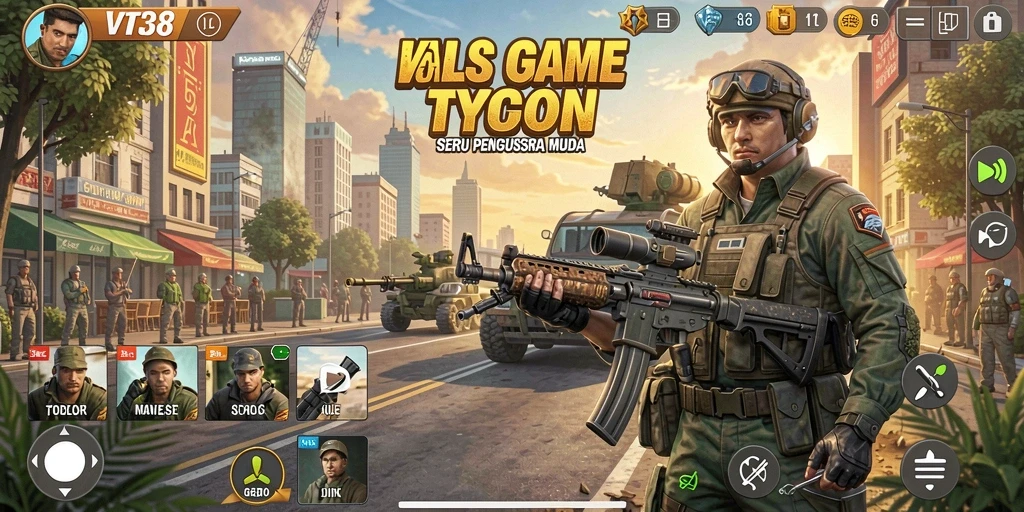 Tangkapan layar gameplay VT38 yang menunjukkan aksi mengelola bisnis.